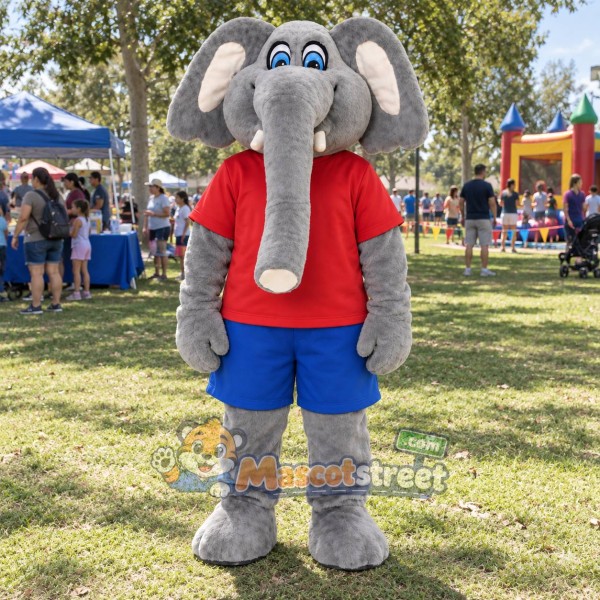 Gray Elephant Mascot Costume with Red Shirt and Blue Shorts