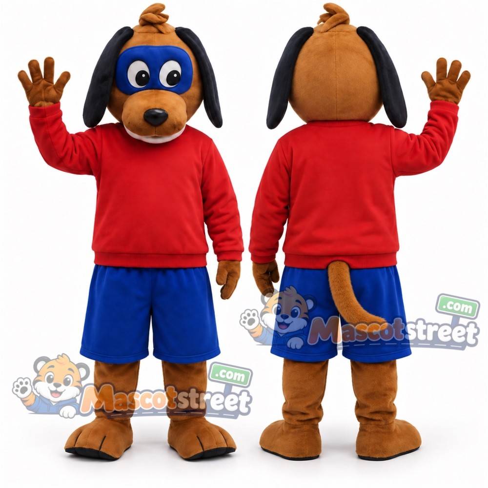 Brown Superhero Dog Mascot Costume with Red Shirt, Blue Shorts and Blue Eye Mask Brown Superhero Dog Mascot Costume with Red Shirt, Blue Shorts and Blue Eye Mask