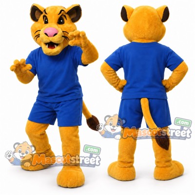 Yellow Cat Mascot Costume with Blue Shirt and Shorts Yellow Cat Mascot Costume with Blue Shirt and Shorts