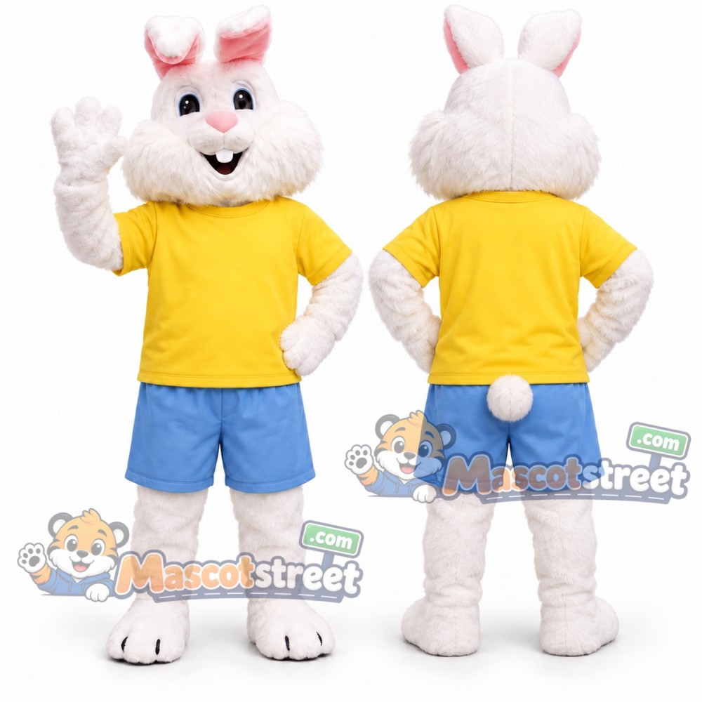 White Rabbit Mascot Costume with Yellow Shirt and Blue Shorts