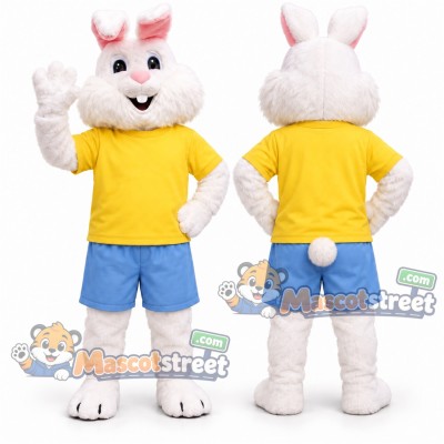White Rabbit Mascot Costume with Yellow Shirt and Blue Shorts