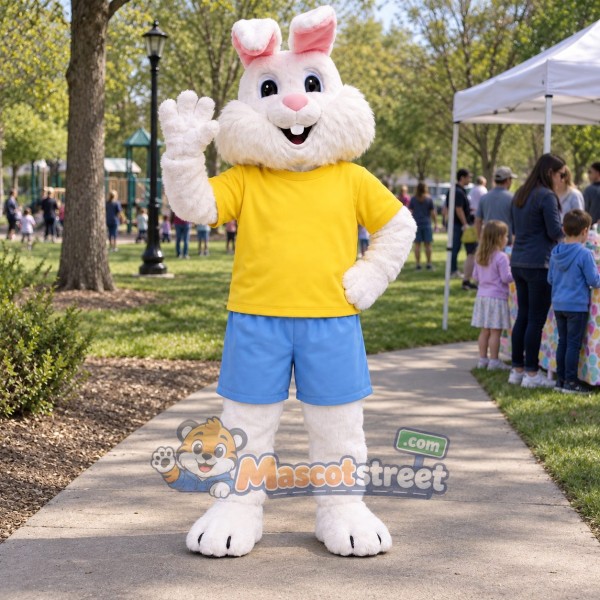 White Rabbit Mascot Costume with Yellow Shirt and Blue Shorts