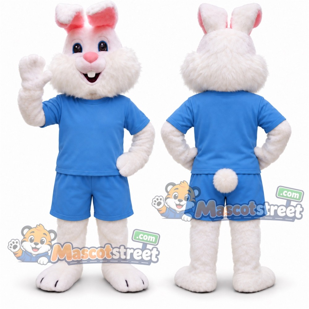 White Rabbit Mascot Costume with Blue Shirt and Shorts White Rabbit Mascot Costume with Blue Shirt and Shorts