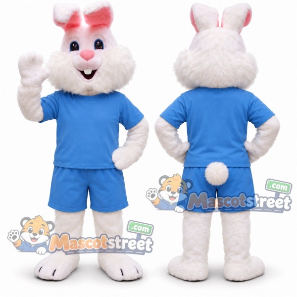 White Rabbit Mascot Costume with Blue Shirt and Shorts