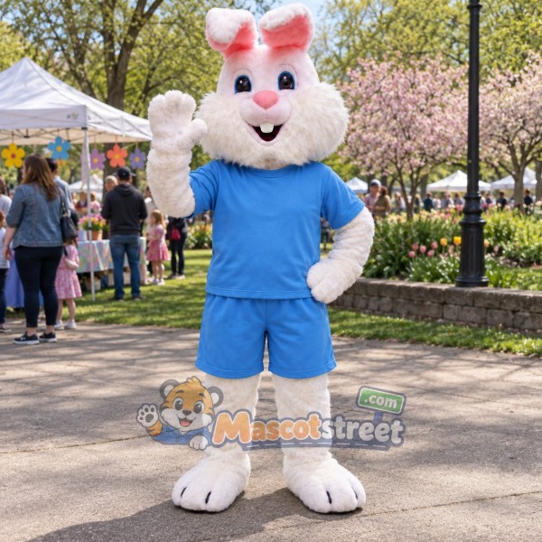 White Rabbit Mascot Costume with Blue Shirt and Shorts