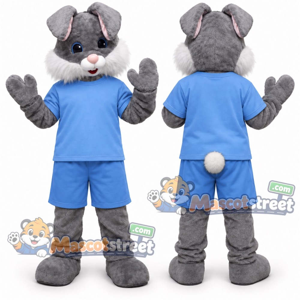 Gray Rabbit Mascot Costume with Blue Shirt and Shorts Gray Rabbit Mascot Costume with Blue Shirt and Shorts
