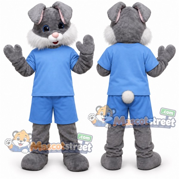 Gray Rabbit Mascot Costume with Blue Shirt and Shorts