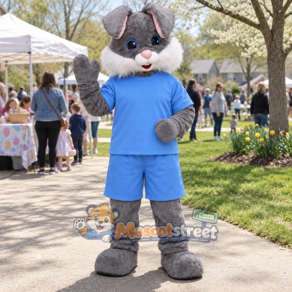 Gray Rabbit Mascot Costume with Blue Shirt and Shorts