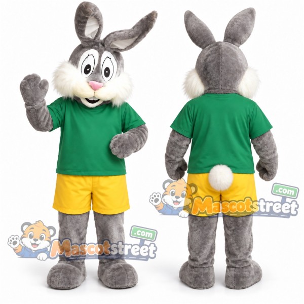 Gray Rabbit Mascot Costume with Green Shirt and Yellow Shorts