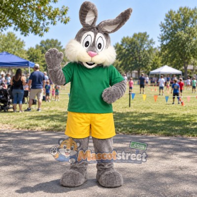 Gray Rabbit Mascot Costume with Green Shirt and Yellow Shorts Gray Rabbit Mascot Costume with Green Shirt and Yellow Shorts