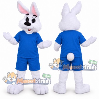 White Rabbit Mascot Costume with Blue Shirt and Shorts White Rabbit Mascot Costume with Blue Shirt and Shorts
