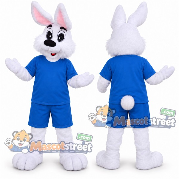 White Rabbit Mascot Costume with Blue Shirt and Shorts