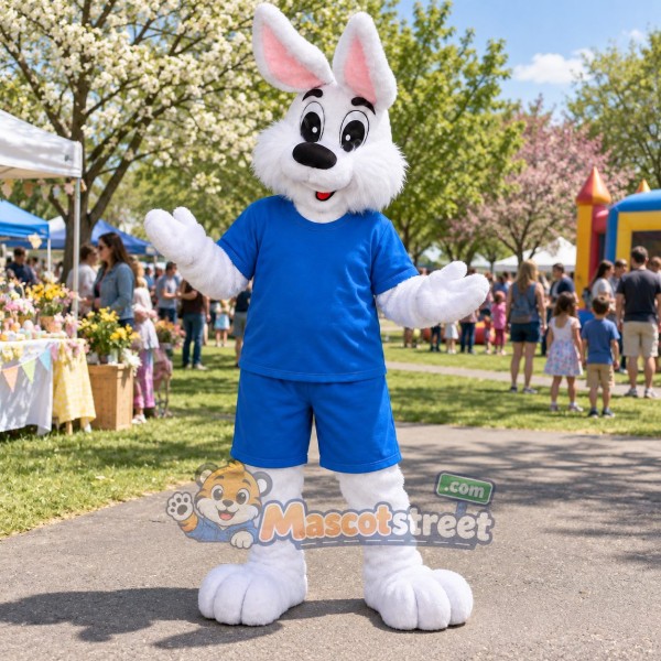White Rabbit Mascot Costume with Blue Shirt and Shorts
