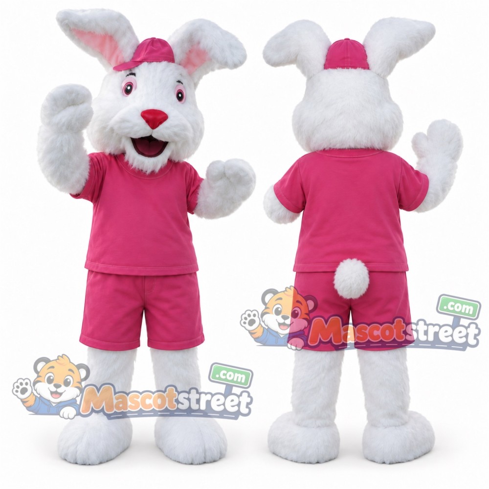 White Rabbit Mascot Costume with Pink Shirt, Pink Shorts and Pink Hat White Rabbit Mascot Costume with Pink Shirt, Pink Shorts and Pink Hat