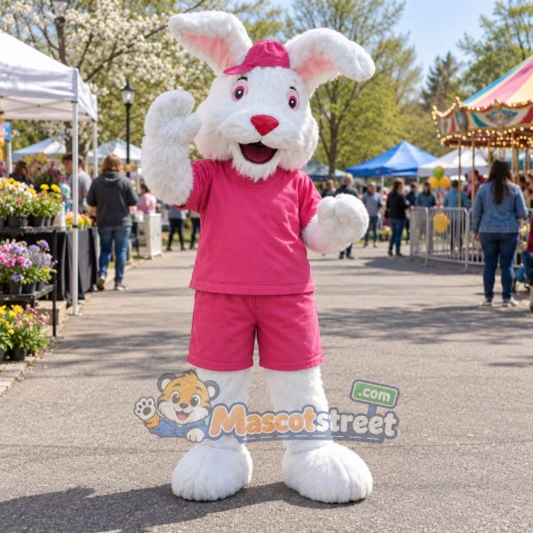 White Rabbit Mascot Costume with Pink Shirt, Pink Shorts and Pink Hat