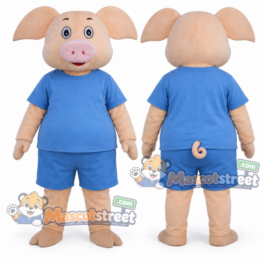 Pink Pig Mascot Costume with Blue Shirt and Shorts