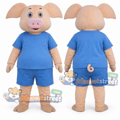 Pink Pig Mascot Costume with Blue Shirt and Shorts