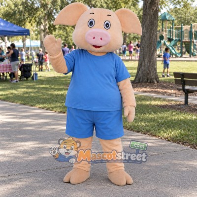 Pink Pig Mascot Costume with Blue Shirt and Shorts Pink Pig Mascot Costume with Blue Shirt and Shorts
