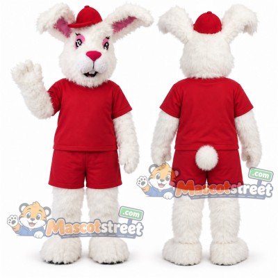 White Rabbit Mascot Costume with Red Shirt, Red Shorts and Santa Hat White Rabbit Mascot Costume with Red Shirt, Red Shorts and Santa Hat