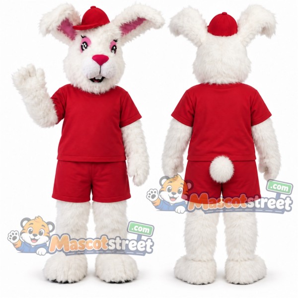 White Rabbit Mascot Costume with Red Shirt, Red Shorts and Santa Hat