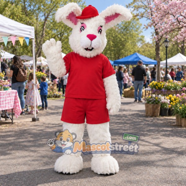 White Rabbit Mascot Costume with Red Shirt, Red Shorts and Santa Hat