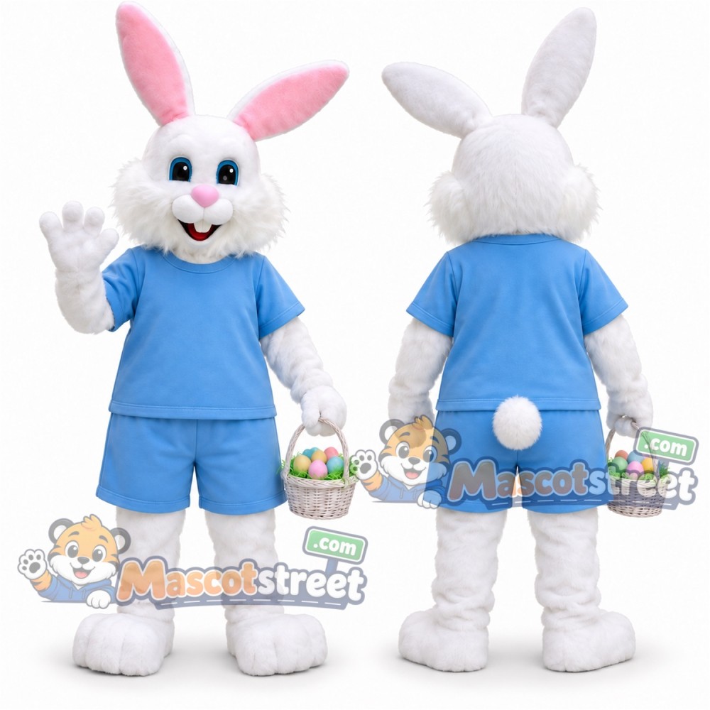 White Rabbit Mascot Costume with Light Blue Shirt and Shorts