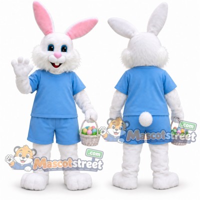 White Rabbit Mascot Costume with Light Blue Shirt and Shorts