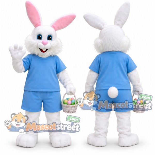 White Rabbit Mascot Costume with Light Blue Shirt and Shorts