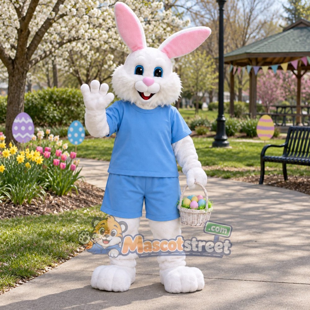 White Rabbit Mascot Costume with Light Blue Shirt and Shorts White Rabbit Mascot Costume with Light Blue Shirt and Shorts