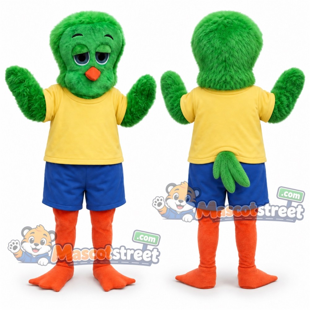 Green Chicken Mascot Costume with Yellow Shirt and Blue Shorts