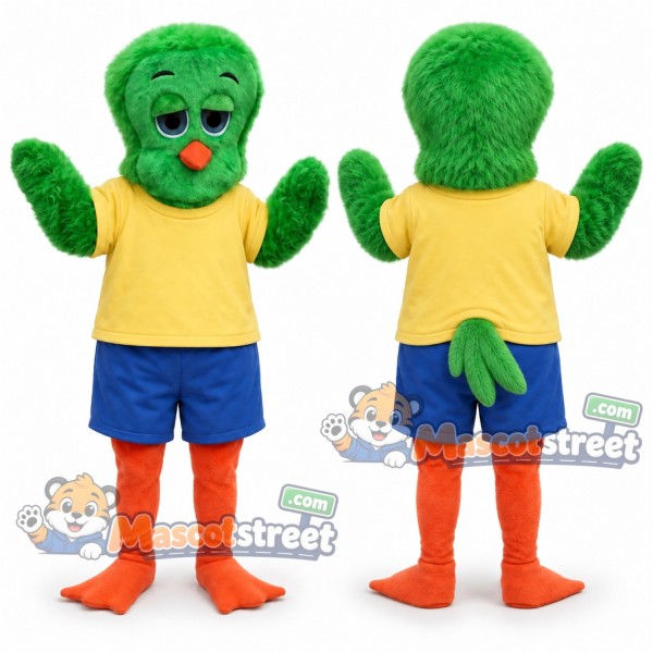Green Chicken Mascot Costume with Yellow Shirt and Blue Shorts