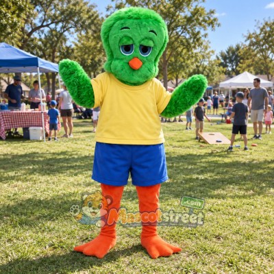 Green Chicken Mascot Costume with Yellow Shirt and Blue Shorts Green Chicken Mascot Costume with Yellow Shirt and Blue Shorts