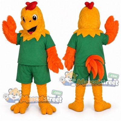 Orange Rooster Mascot Costume with Green Shirt and Shorts