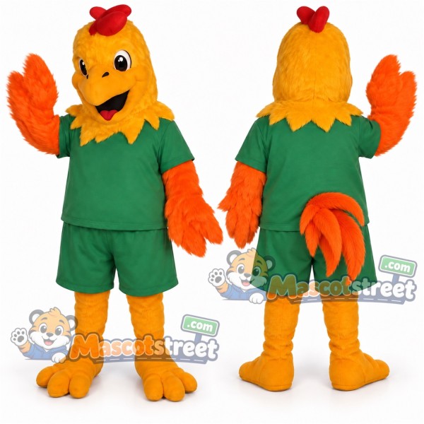Orange Rooster Mascot Costume with Green Shirt and Shorts