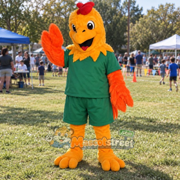Orange Rooster Mascot Costume with Green Shirt and Shorts