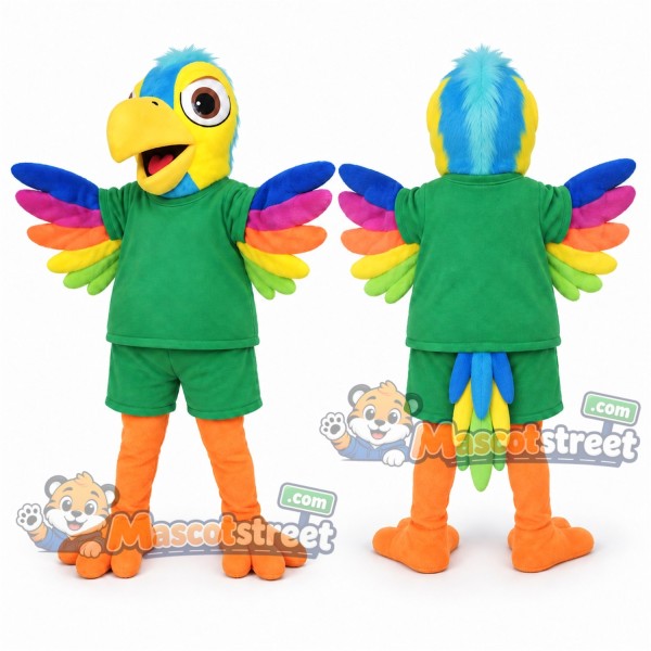 Green and Yellow Parrot Mascot Costume with Green Shirt and Shorts