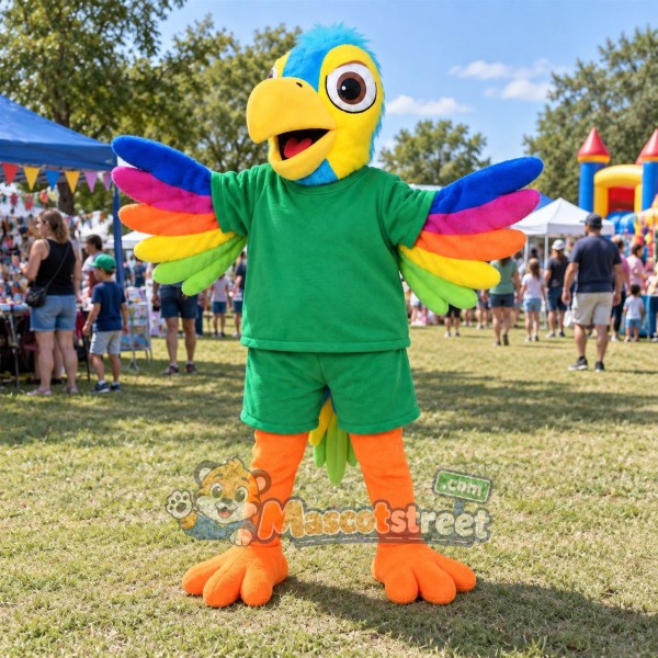 Green and Yellow Parrot Mascot Costume with Green Shirt and Shorts Green and Yellow Parrot Mascot Costume with Green Shirt and Shorts