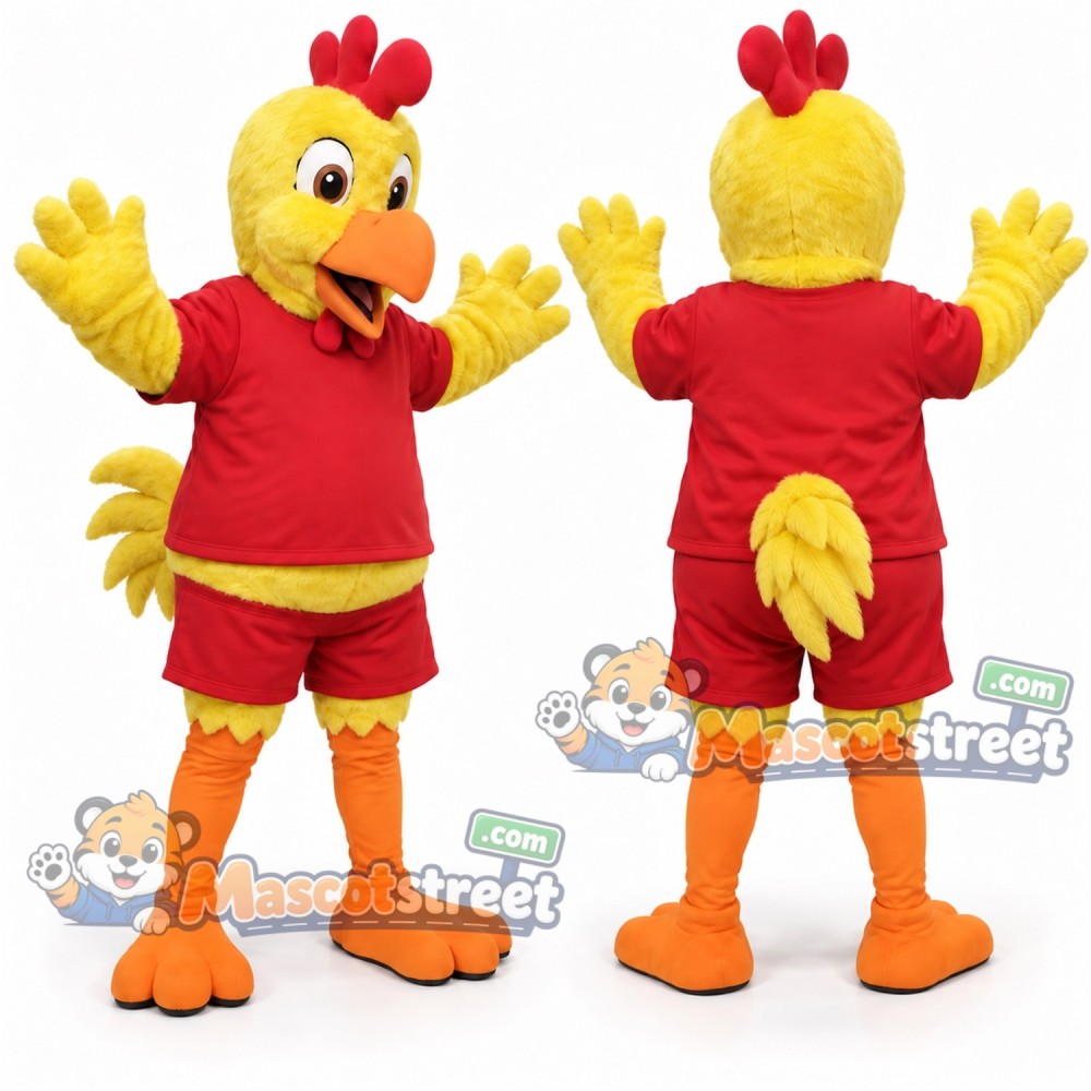 Yellow Chicken Mascot Costume with Red Shirt and Shorts Yellow Chicken Mascot Costume with Red Shirt and Shorts