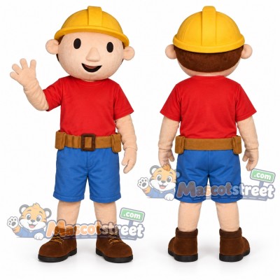 Construction Worker Mascot Costume with Red Shirt, Blue Shorts, Tool Belt and Yellow Hard Hat Construction Worker Mascot Costume with Red Shirt, Blue Shorts, Tool Belt and Yellow Hard Hat