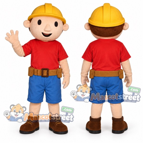 Construction Worker Mascot Costume with Red Shirt, Blue Shorts, Tool Belt and Yellow Hard Hat