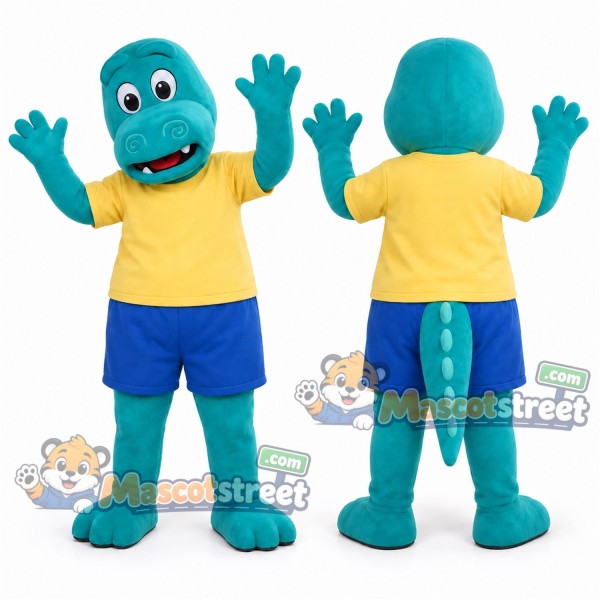 Teal Crocodile Mascot Costume with Yellow Shirt and Blue Shorts