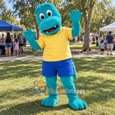 Teal Crocodile Mascot Costume with Yellow Shirt and Blue Shorts