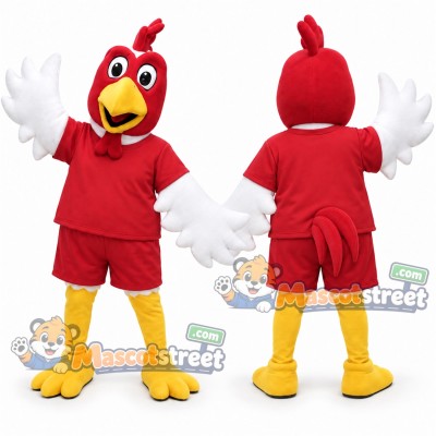 Red and White Rooster Mascot Costume with Red Shirt and Shorts