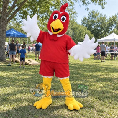 Red and White Rooster Mascot Costume with Red Shirt and Shorts