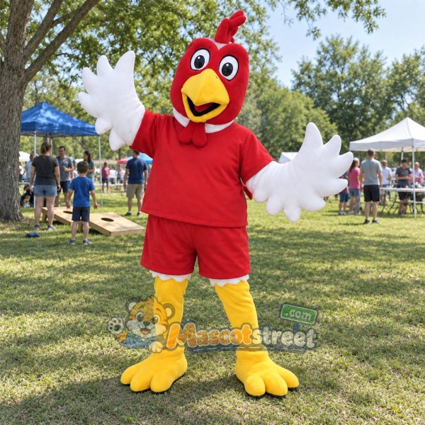 Red and White Rooster Mascot Costume with Red Shirt and Shorts