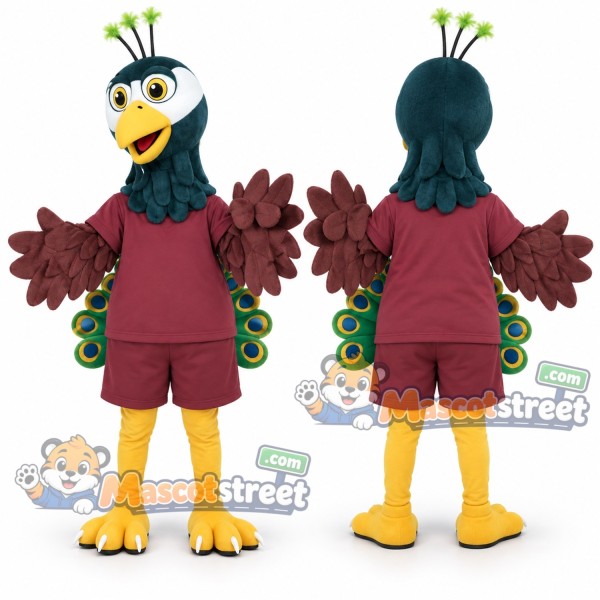 Peacock Mascot Costume with Burgundy Shirt and Shorts