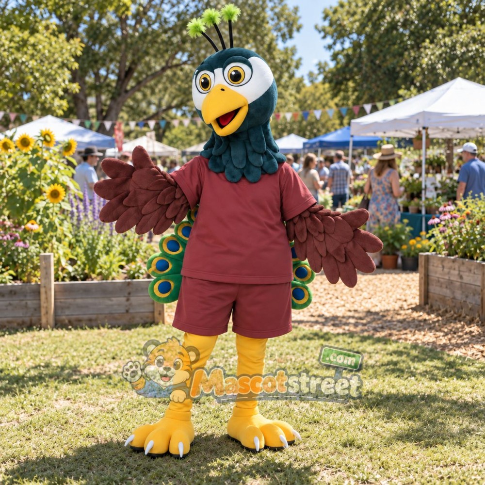 Peacock Mascot Costume with Burgundy Shirt and Shorts Peacock Mascot Costume with Burgundy Shirt and Shorts