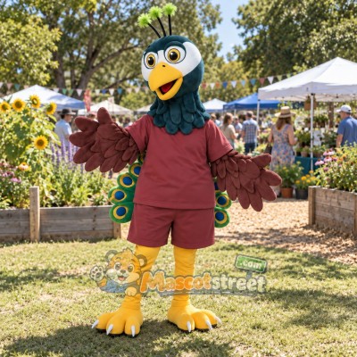 Peacock Mascot Costume with Burgundy Shirt and Shorts Peacock Mascot Costume with Burgundy Shirt and Shorts