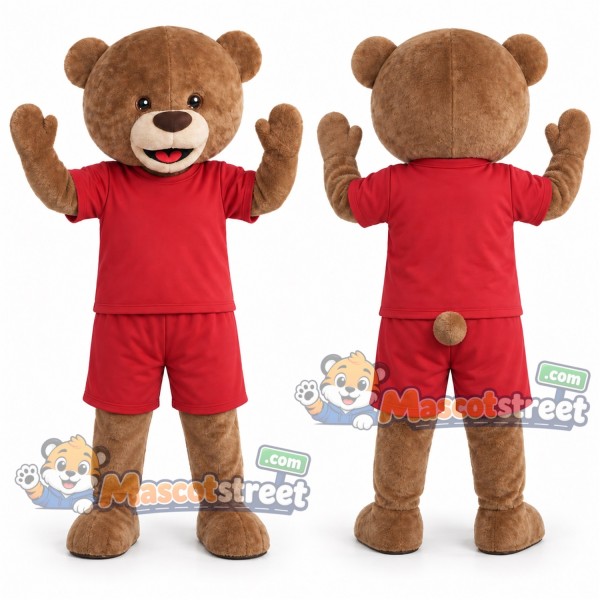 Brown Bear Mascot Costume with Red Shirt and Shorts