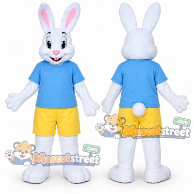 White Rabbit Mascot Costume with Blue Shirt and Yellow Shorts White Rabbit Mascot Costume with Blue Shirt and Yellow Shorts